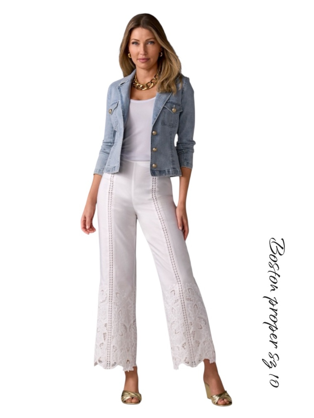 NWT Boston Proper Malibu Floral Eyelet Scallop Pant White Wide Leg Sz 10